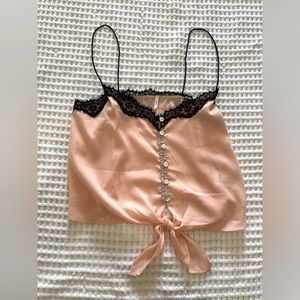 UO Baby Pink Black Lace Trim Crop Tank